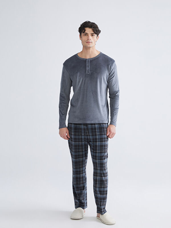 LC WAIKIKI Klassische Passform Karo Fleece Herren-Knopf-Down-Pyjama-Set