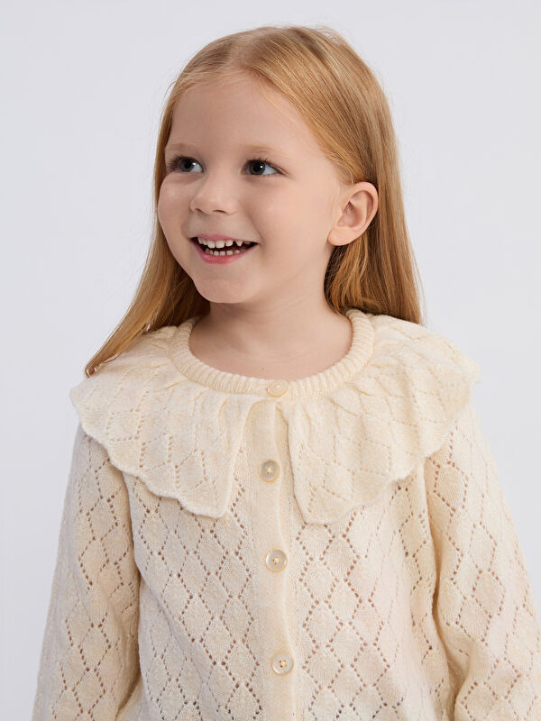 LCW Kids Crew Neck Hole-Knitted Girls' Knitwear Cardigan
