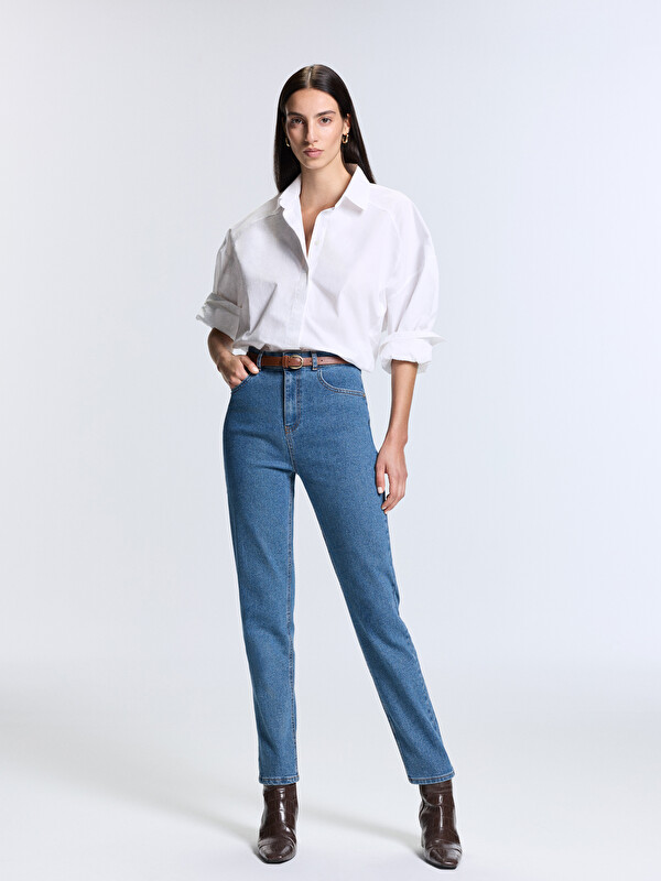 LCW Jeans Beli Kemerli Mom Fit Kadın Jean Pantolon