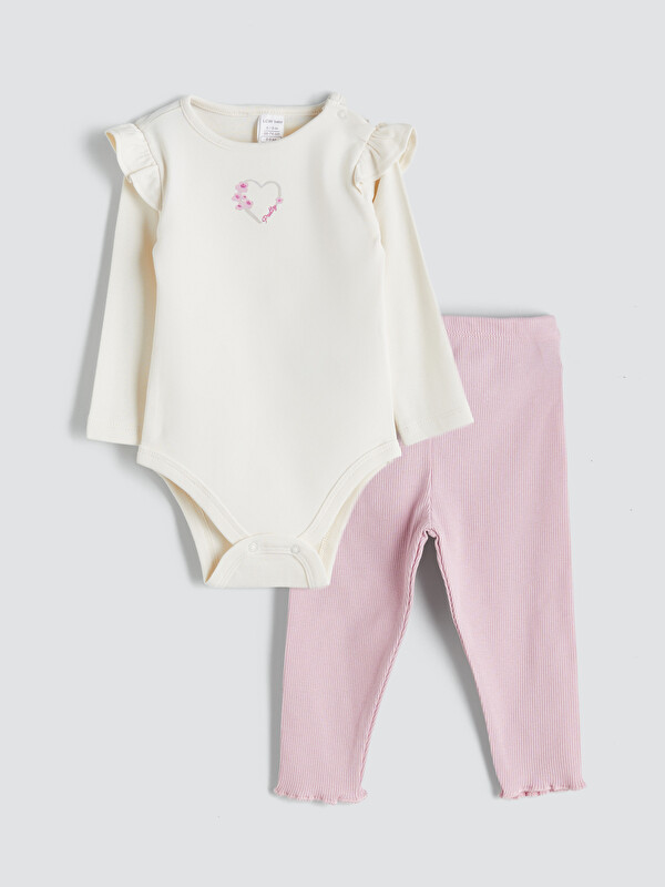LCW baby Bisiklet Yaka Kız Bebek Çıtçıtlı Body ve Tayt 2'li