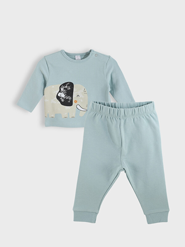 LCW baby Crew Neck Printed Baby Boys' Sweatshirt and Pants 2 Pack Set