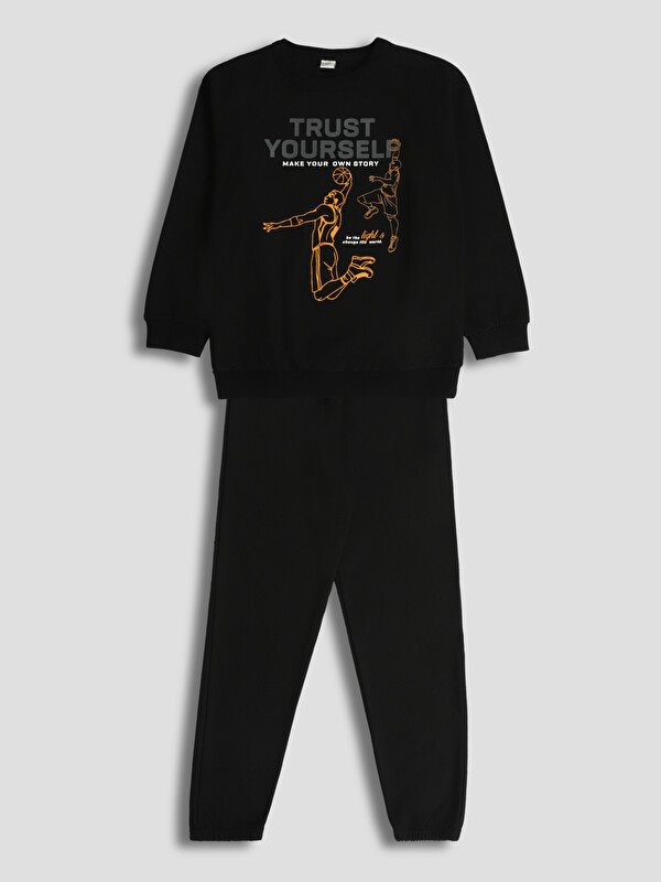 LCW Kids Poncho Crew Neck Printed Long Sleeve Boys Sweatshirt and Trousers