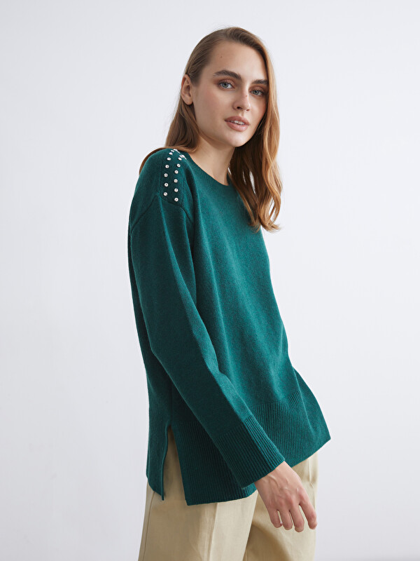 LCWAIKIKI Classic Pull-over en Tricot Orné de Strass pour Femmes à Col Rond