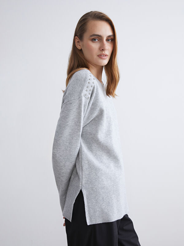 LCWAIKIKI Classic Rundhalsausschnitt Mit Strasssteinchen Verziert Für Damen Strickpullover