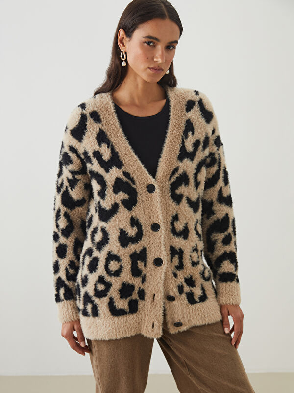 LCW Modest V Neck Patterned Women's Knitwear Cardigan