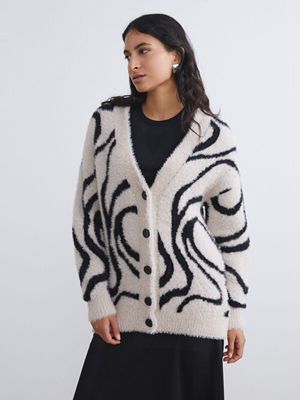 LCW Modest V Neck Patterned Women's Knitwear Cardigan