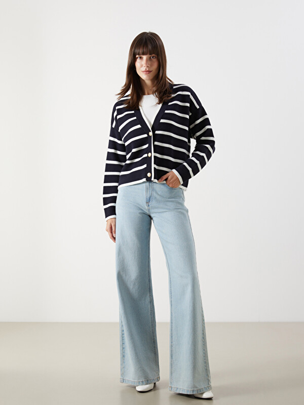 LCW Comfort Lacivert V Yaka Çizgili Oversize Kadın Triko Hırka