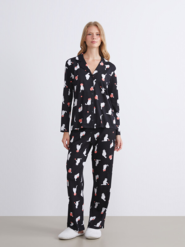 LCW Young Gömlek Yaka Baskılı Kadın Pijama Takımı