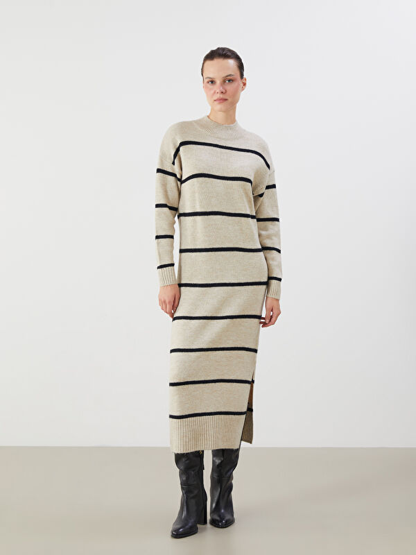 LCW Vision Trichterkragen Gestreiftes Schlitzdetail Strickkleid