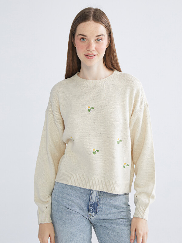 XSIDE Crew Neck Floral Embroidered Women's Knitwear Sweater