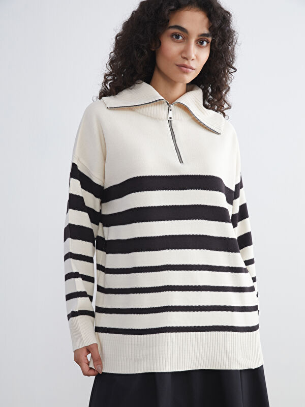 LCW Modest Polo Neck Striped Women's Knitwear Tunic