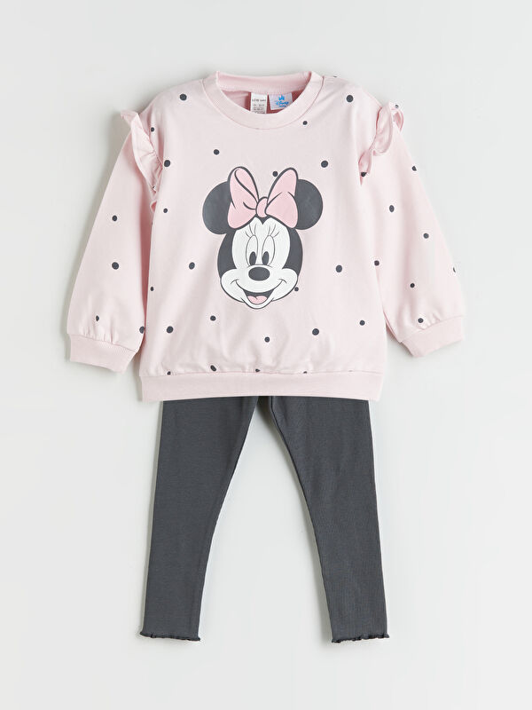 LCW baby Crew Neck Minnie Mouse Printed Baby Girl Sweatshirt and Tights, 2-pack