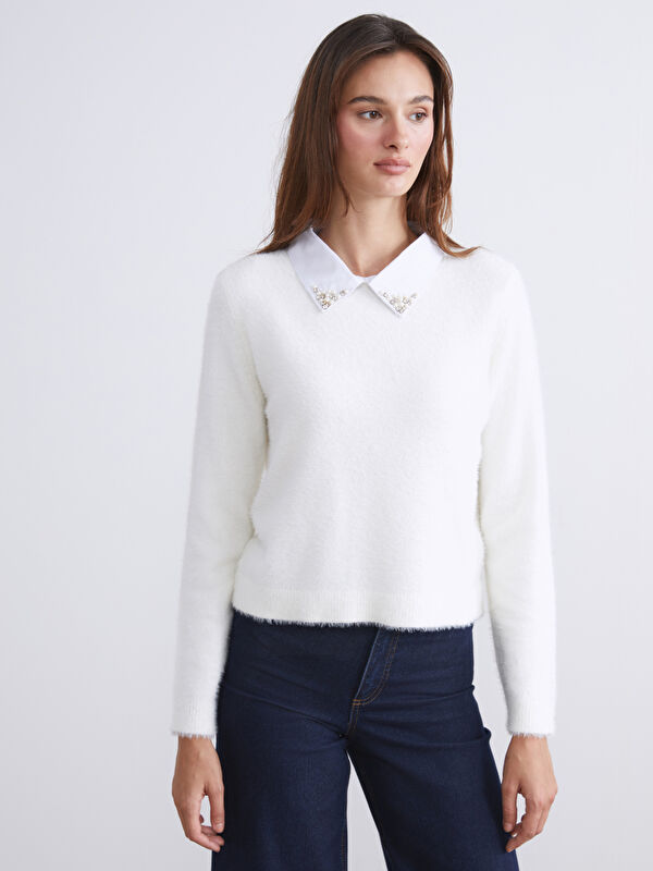 LCW Modest Collared Neck Beaded Women's Knit Tunic