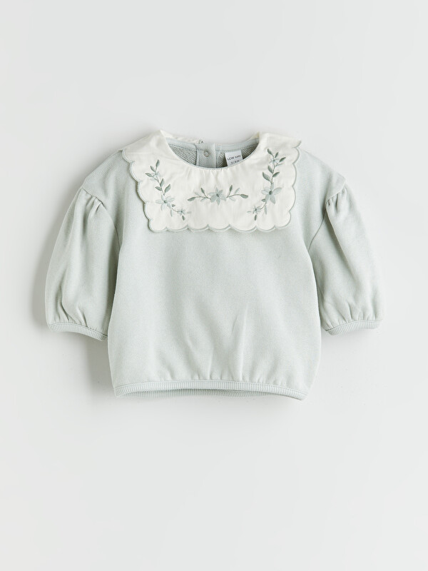 LCW baby Bebe Yaka Nakışlı Kız Bebek Sweatshirt