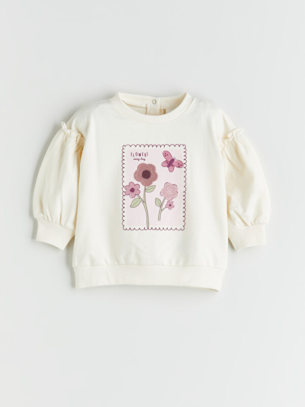 LCW baby Bisiklet Yaka Çiçekli Kız Bebek Sweatshirt