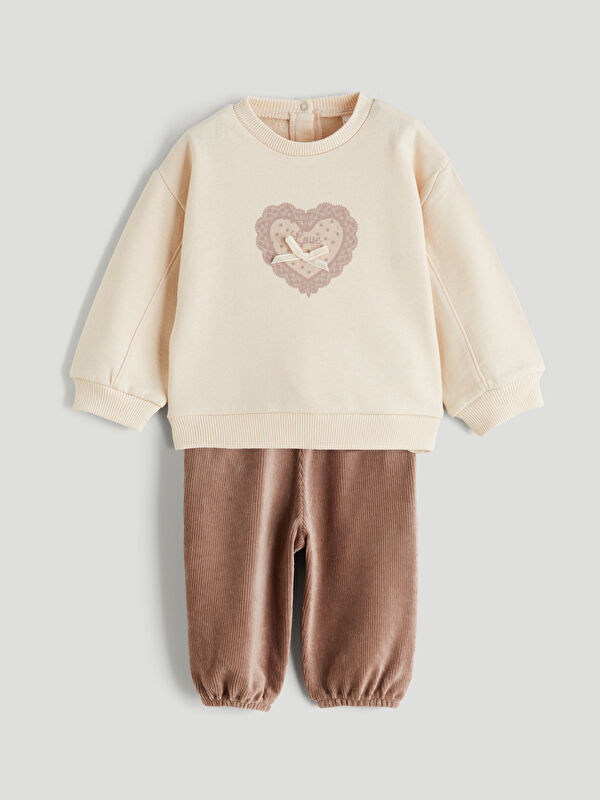 LCW baby Baby Girls' Printed Sweatshirt and Velvet Trousers 2 Pack
