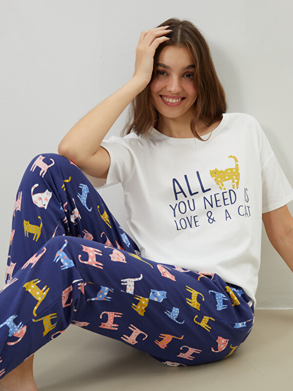 LCW DREAM Bisiklet Yaka Baskılı Kadın Pijama Takımı