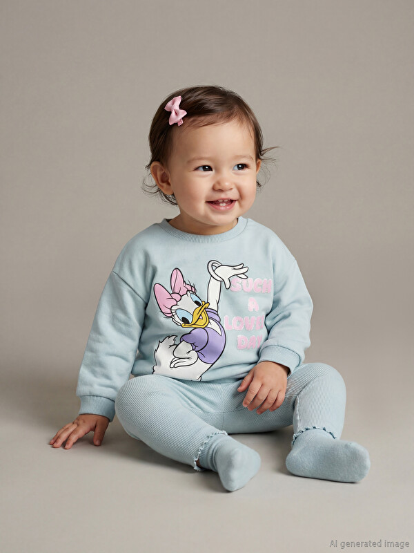 LCW baby Bisiklet Yaka Daisy Duck Baskılı Kız Bebek Sweatshirt ve Tayt