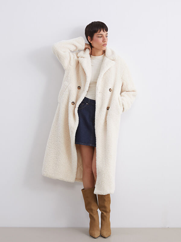 LCW Vision Jacket NeckPlain Long-Sleeve Women's Teddy Coat