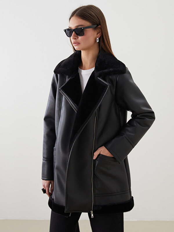 LCW Comfort Biker Neck Women's Faux Leather Coat