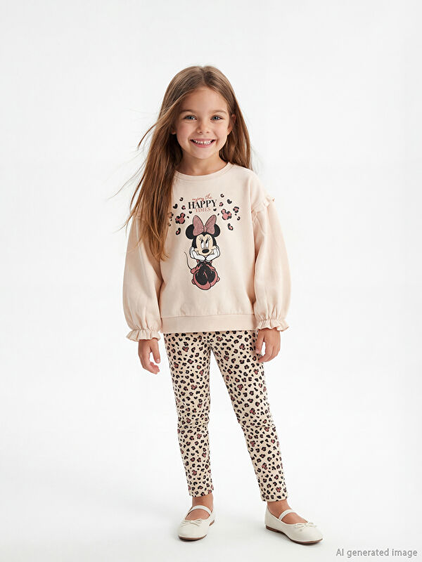LCW Kids Minnie Mouse Baskılı Kız Çocuk Sweatshirt ve Tayt