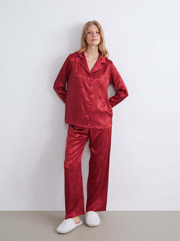 LCW DREAM Kragenhals Gemustertes Satin Pyjama-Set für Damen