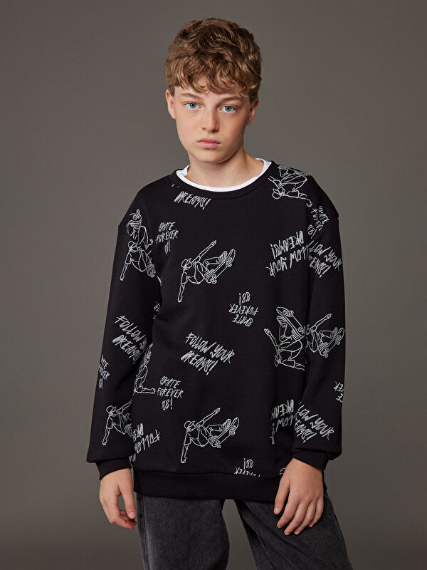 LCW Kids Bisiklet Yaka Baskılı Erkek Çocuk Kalın Sweatshirt