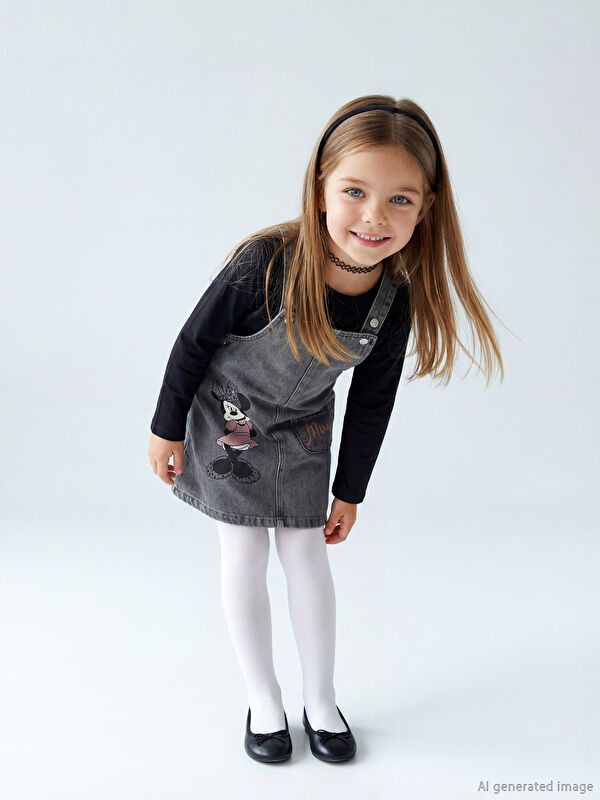 LCW Kids Kare Yaka Minnie Mouse Baskılı Kız Çocuk Jean Salopet Elbise