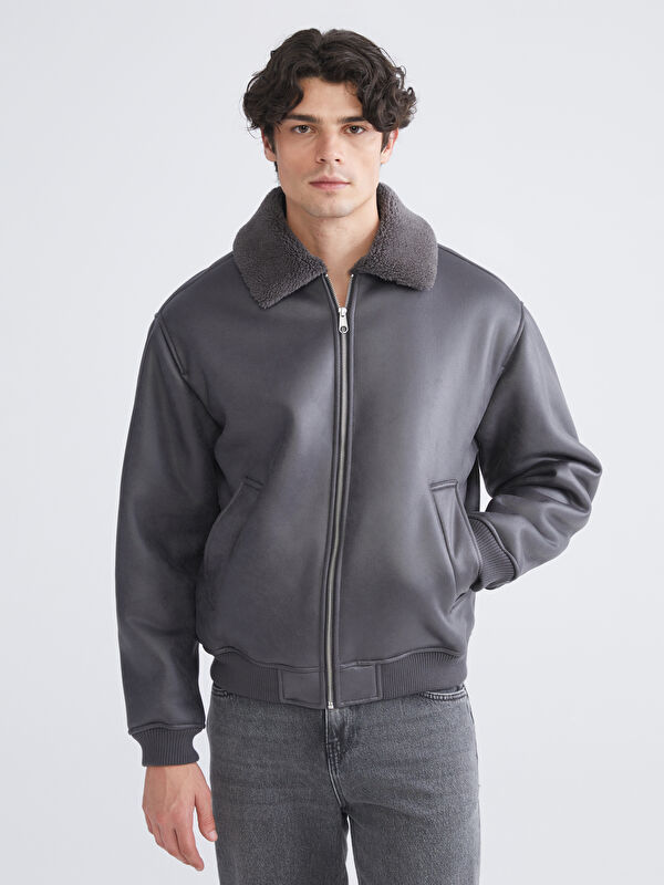 XSIDE Antrasit Pelüş Yaka Erkek Deri Görünümlü Mont - W5CT54Z8-HZX