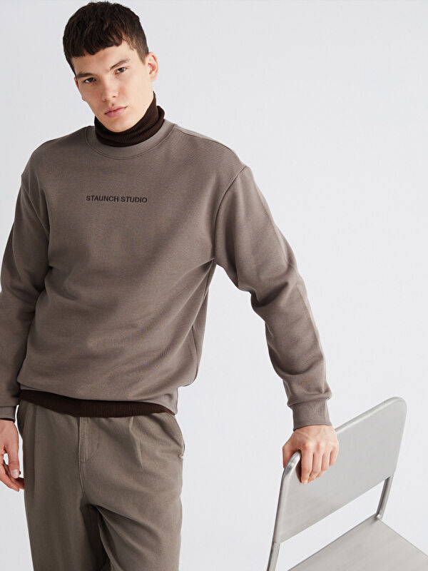 XSIDE Bisiklet Yaka Nakışlı Erkek Kalın Sweatshirt