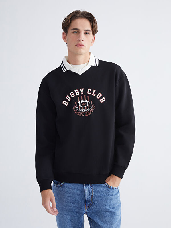 XSIDE Polo Yaka Baskılı Erkek Sweatshirt