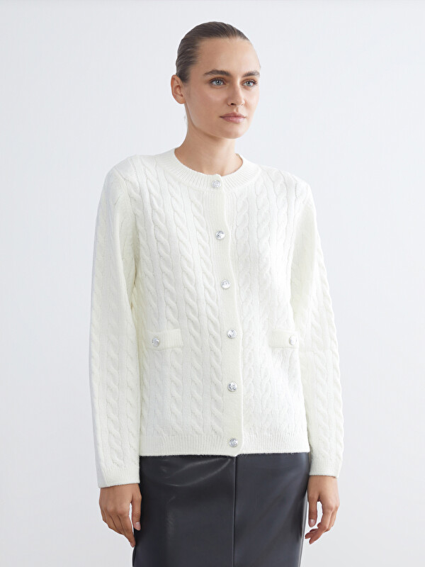 LCWAIKIKI Classic Cardigan en maille pour femme à motifs avec col rond