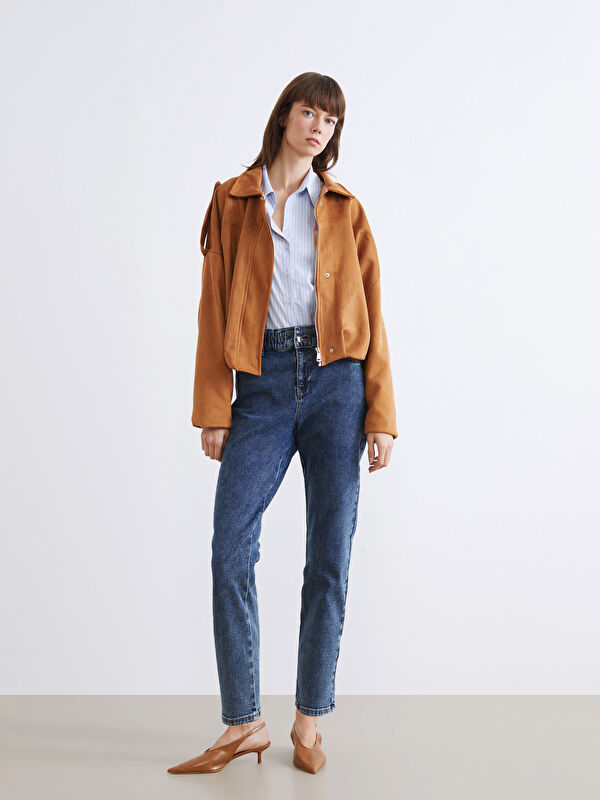 LCWAIKIKI Classic Beli Lastikli Slim Mom Kadın Jean Pantolon