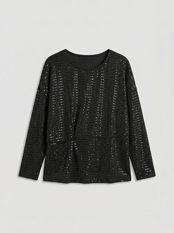 LCW EVERYDAY Damen-T-Shirt mit Rundhalsausschnitt und Paillettenverzierung