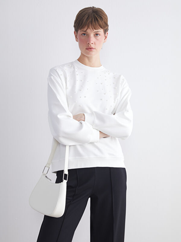 LCW EVERYDAY Crew Neck Beaded Embellished Oversize Blouse