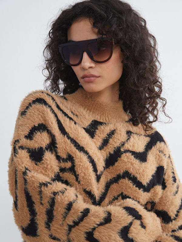 LCW Modest Funnel Neck Leopard Print Women's Knitwear Tunic
