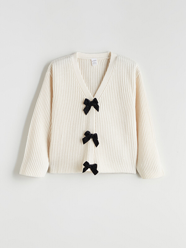 LCW Kids V-Neck Bow Detailed Girls Knit Cardigan