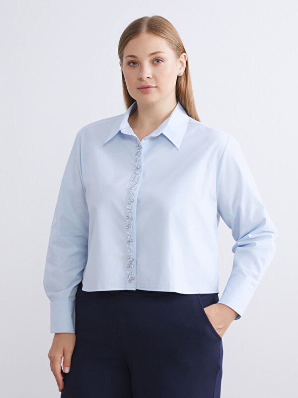 LCWAIKIKI Classic Parlak Taşlı Oversize Poplin Kadın Gömlek