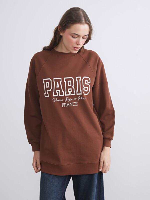 LCW Modest Bisiklet Yaka Paris Baskılı Oversize Kadın Sweatshirt Tunik