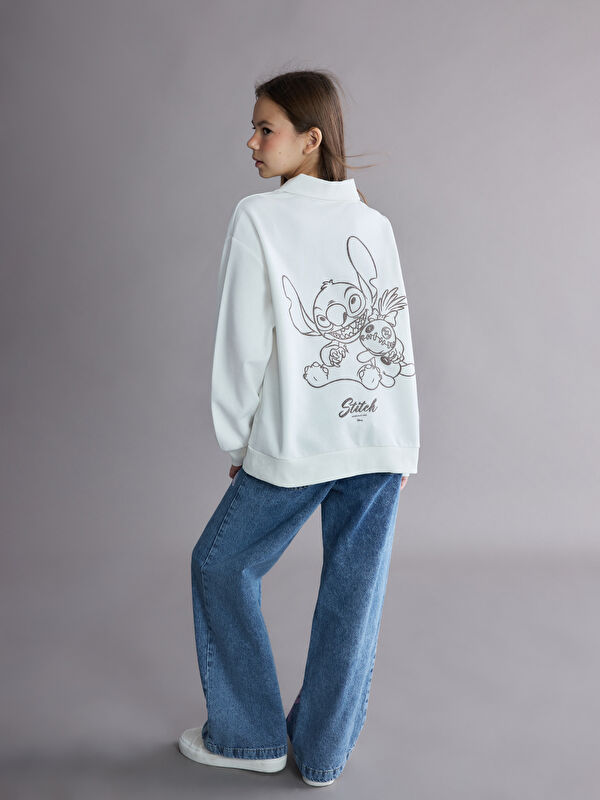 LCW Kids Polo Yaka Stitch Baskılı Kız Çocuk Sweatshirt