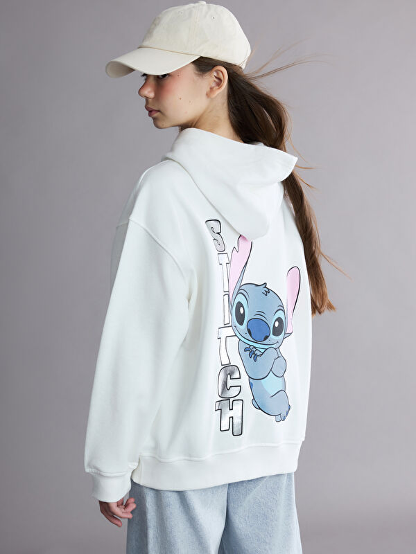 LCW Kids Kapüşonlu Stitch Baskılı Kız Çocuk Sweatshirt