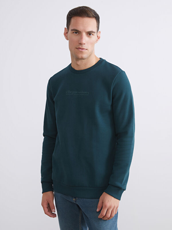LCWAIKIKI Classic Bisiklet Yaka Baskılı Erkek Kalın Sweatshirt