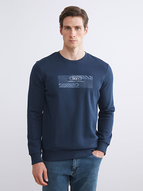 LC WAIKIKI Lacivert Bisiklet Yaka Baskılı Erkek Sweatshirt