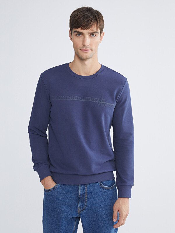 LCWAIKIKI Classic Bisiklet Yaka Baskılı Erkek Kalın Sweatshirt