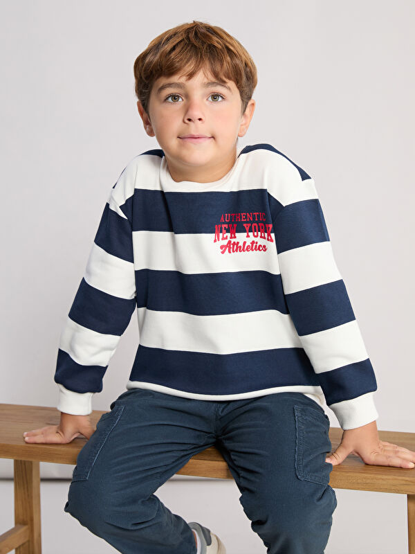 LCW Kids Bisiklet Yaka Çizgili Erkek Çocuk Kalın Sweatshirt