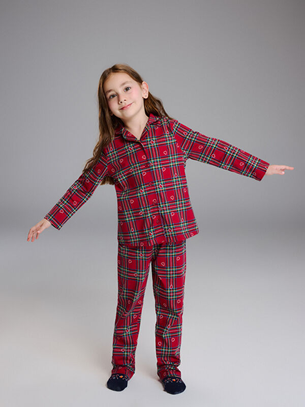 LCW Kids Collared Neck Plaid Girls' Pyjama Set