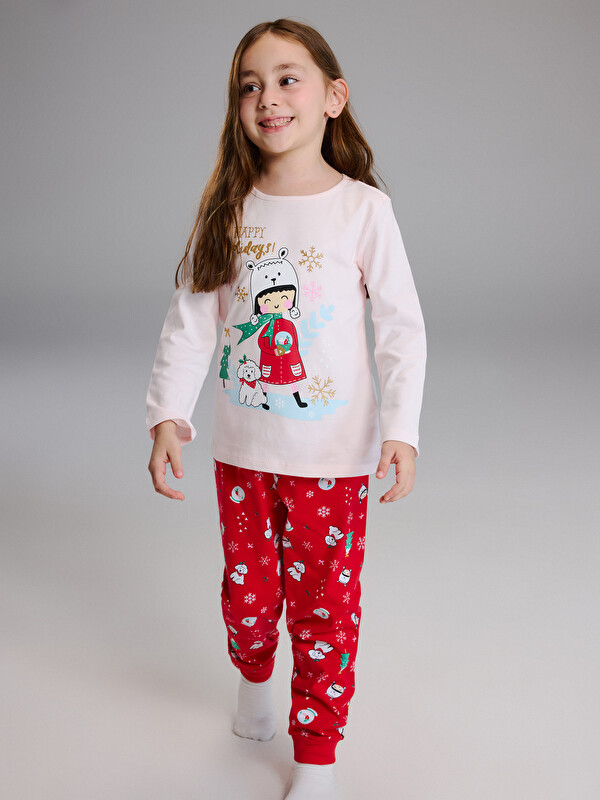 LCW Kids Bisiklet Yaka Yılbaşı Temalı Kız Çocuk Pijama Takımı