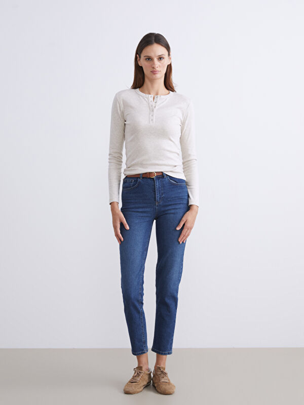 LCW Jeans Beli Kemerli Mom Fit Kadın Jean Pantolon