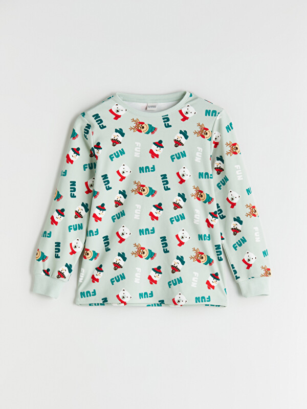 LCW Kids Bisiklet Yaka Yılbaşı Temalı Erkek Çocuk Pijama Üst