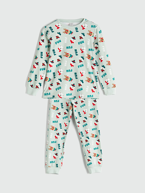 LCW Kids Bisiklet Yaka Yılbaşı Temalı Erkek Çocuk Pijama Takımı